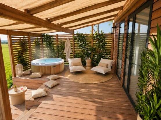 Cocoon 2-Bedroom, 2-Bathroom Mobile Home | PREMIUM+ - 33 m² - Spa - Air Conditioning - TV - Dishwasher - Griddle - Covered Terrace - Travel Package