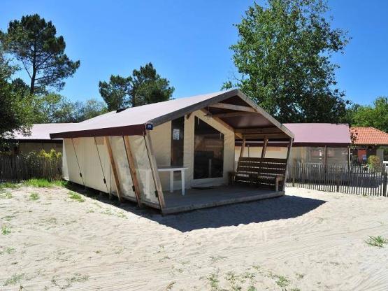 Wooden and canvas Tent NATURE Comfort 30m² - 2 bedrooms + sheltered terrace + Sink without toilet blocks