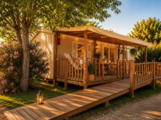 Mobil home PMR Confort 35m² + air conditioning (2 bedrooms) adapted to the people with reduced mobility + sheltered terrace
